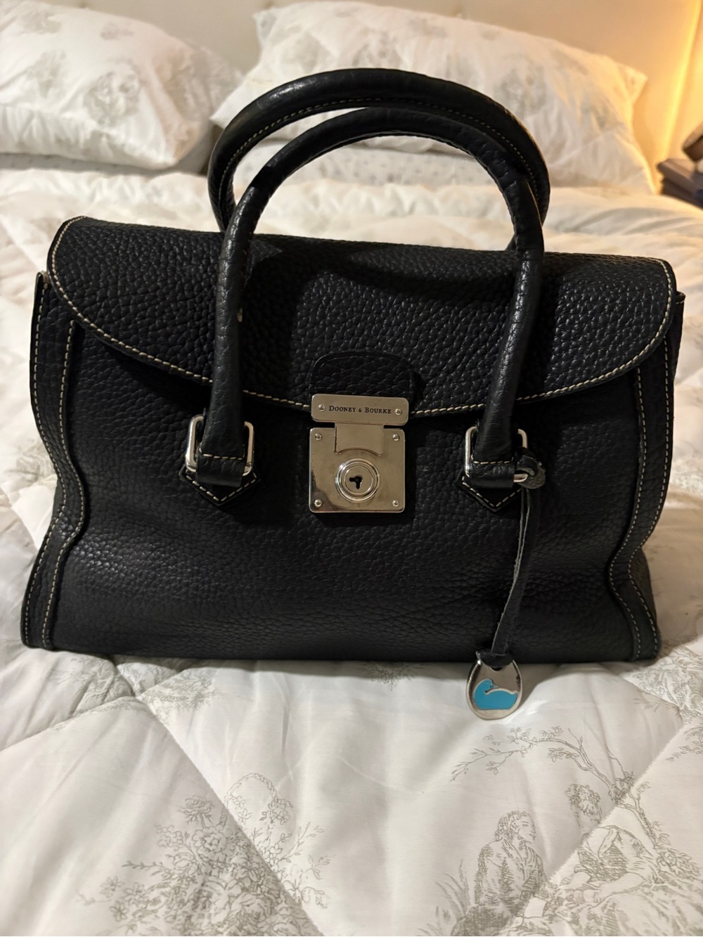 Vintage Dooney & Bourke Black Pebbled Leather Satchel with key